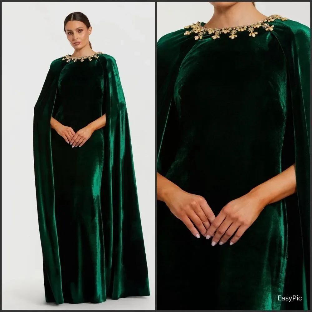 NWT Mac Duggal Dark Green Velvet Cape Gown With Embellished Neckline Size 20